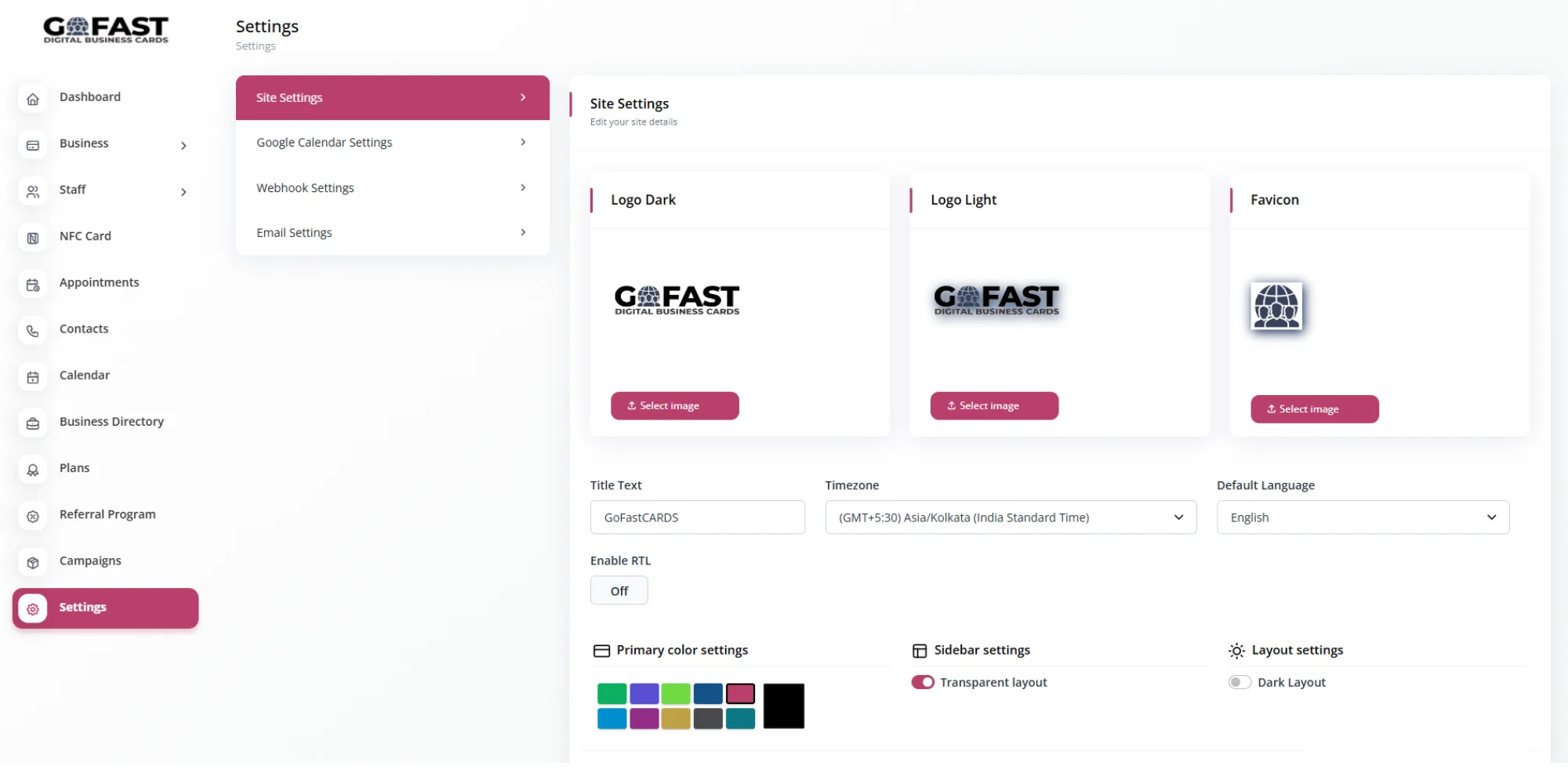 GoFastCARDS settings panel for customizing digital business card features and preferences.