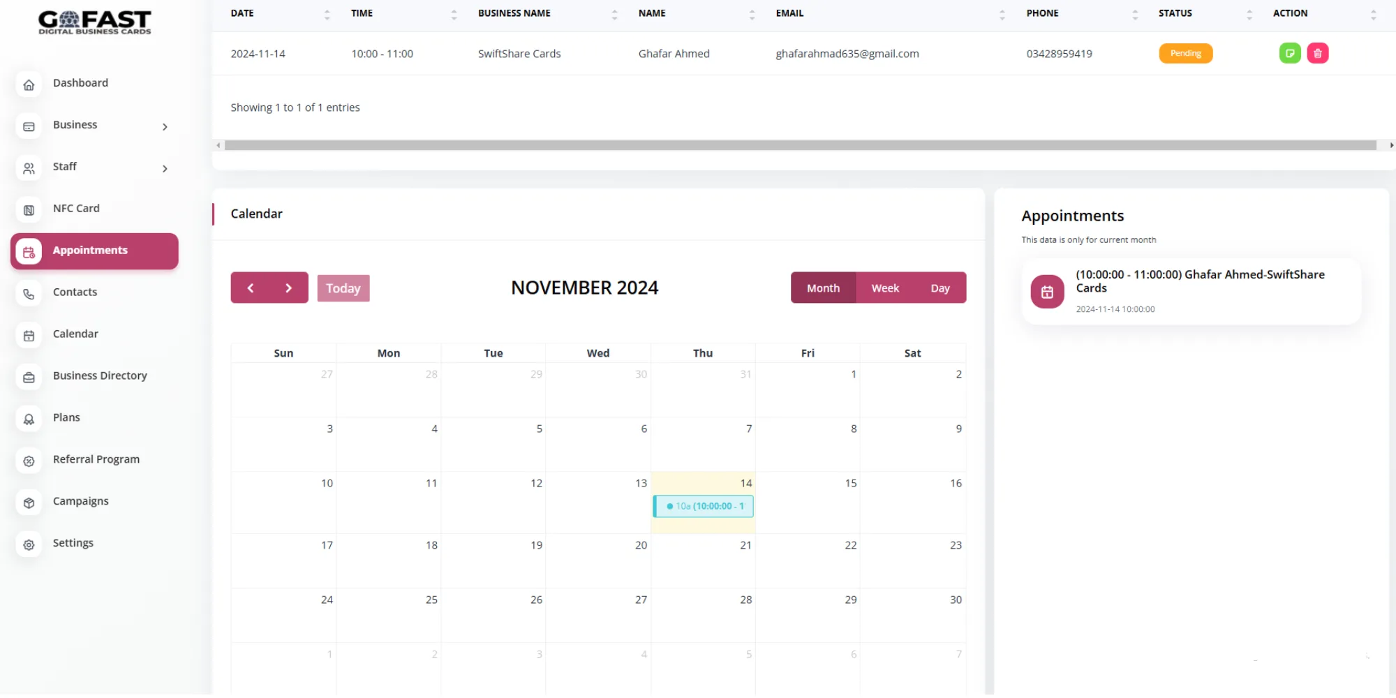 GoFastCARDS appointments feature for scheduling and managing meetings effortlessly.