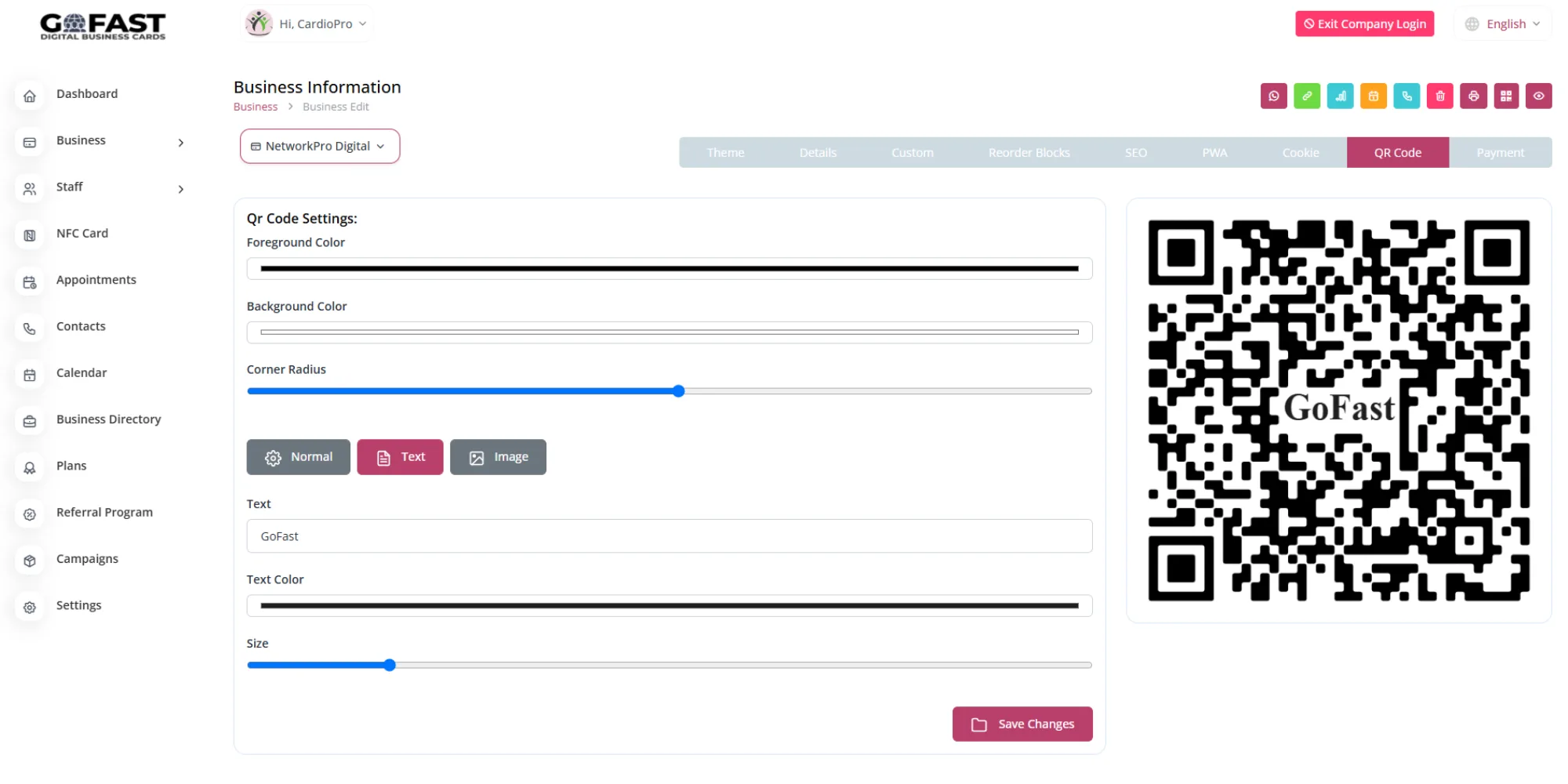 Custom QR Code generated by GoFastCARDS for personalized digital business cards.