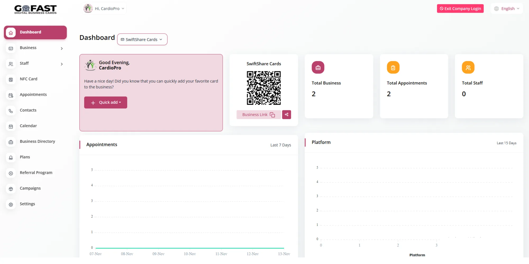 GoFastCARDS dashboard showcasing user-friendly tools for managing digital business cards.