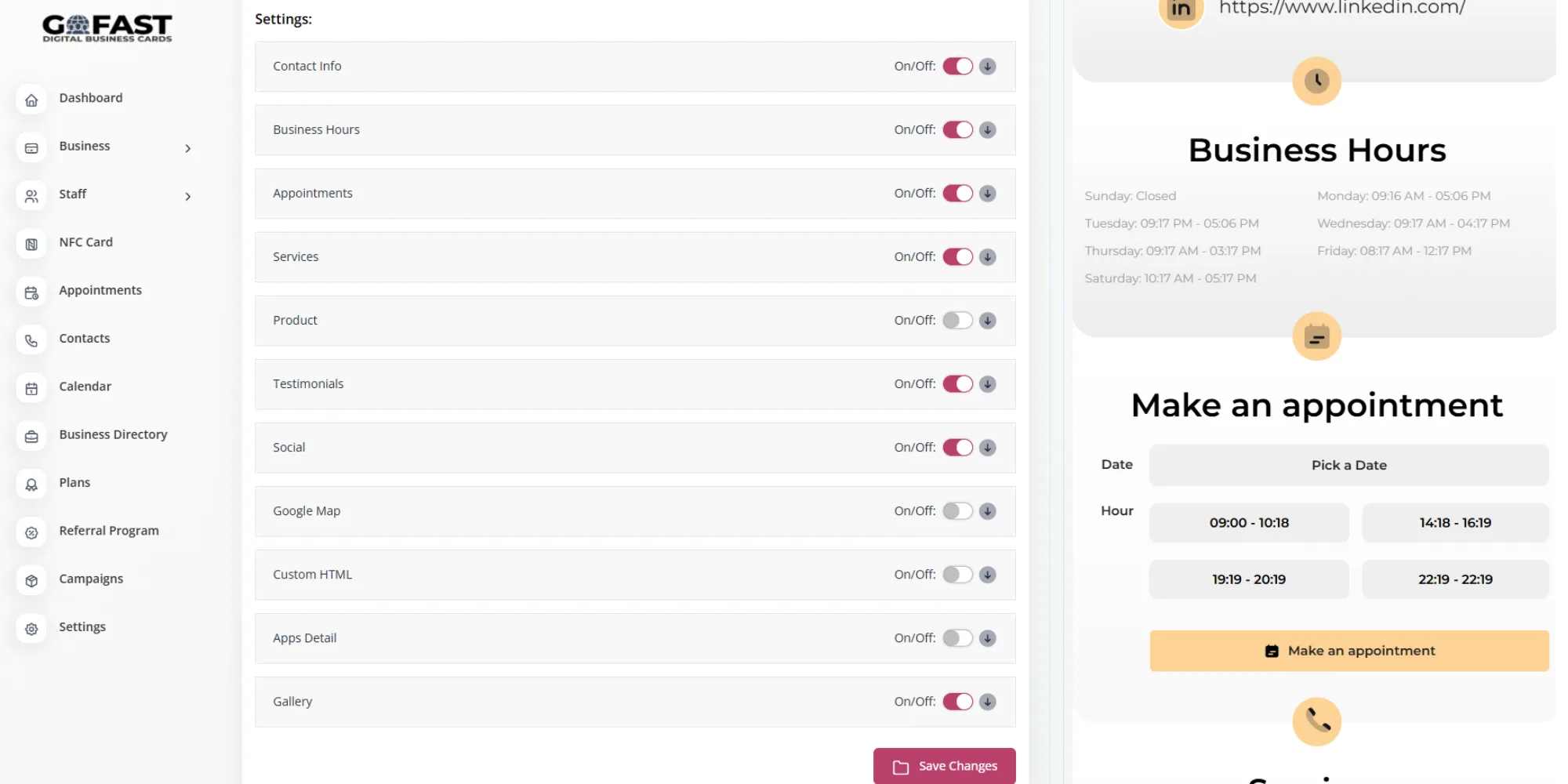 GoFastCARDS features settings panel for customizing digital business card functionalities.