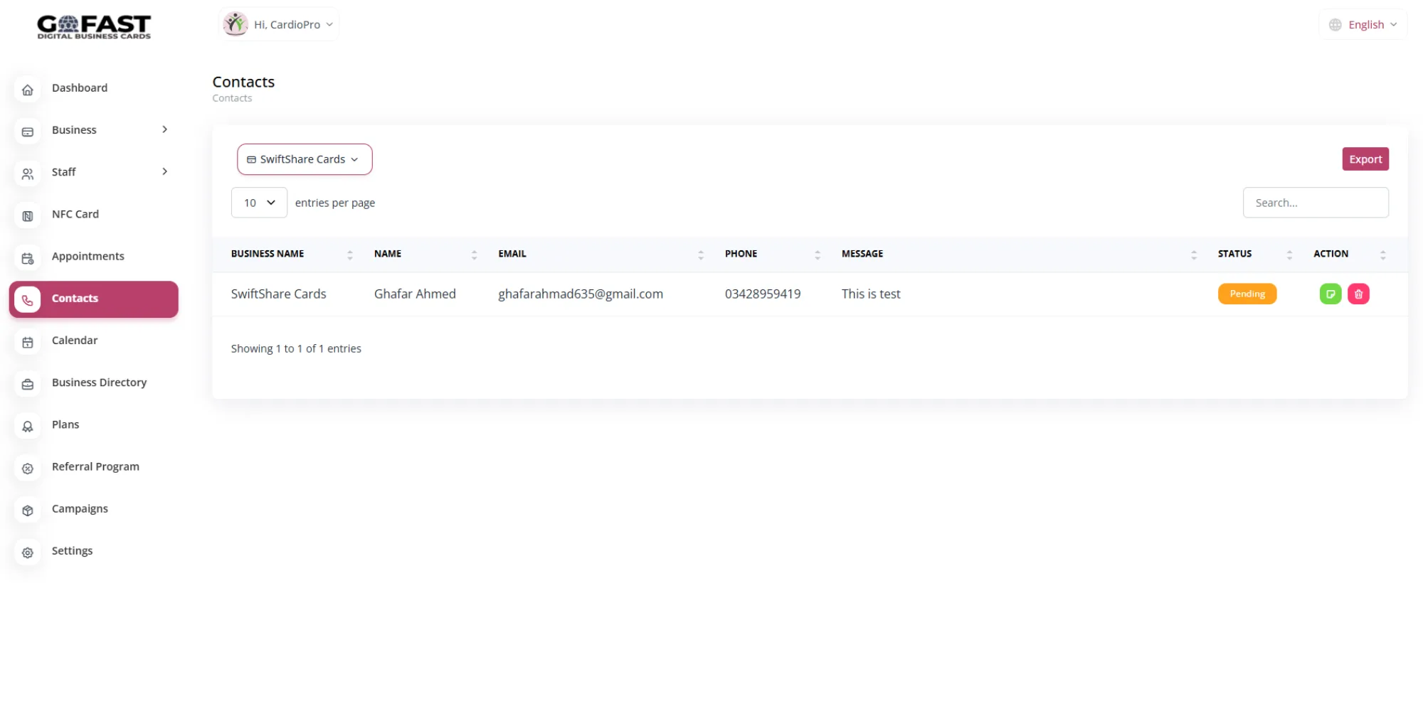 GoFastCARDS contact management interface for organizing and connecting with business leads.