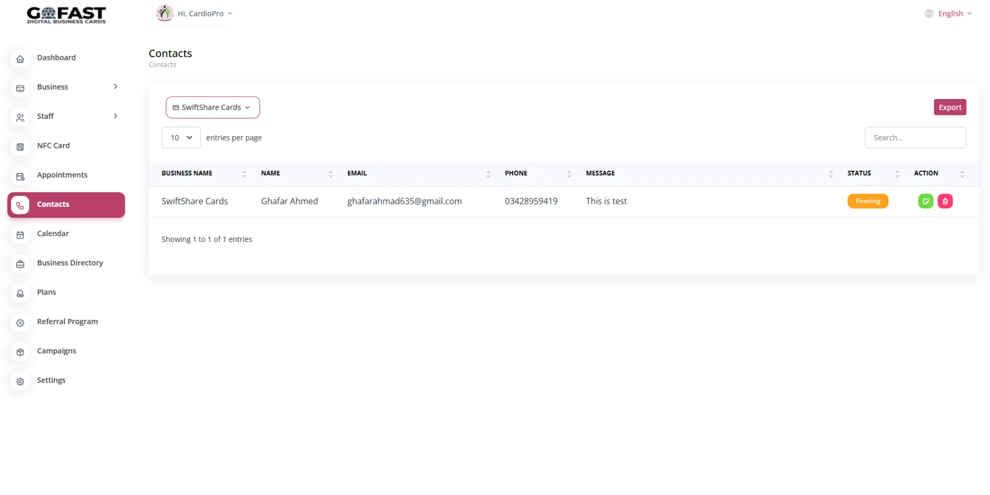 GoFastCARDS contact management interface for efficient lead organization.