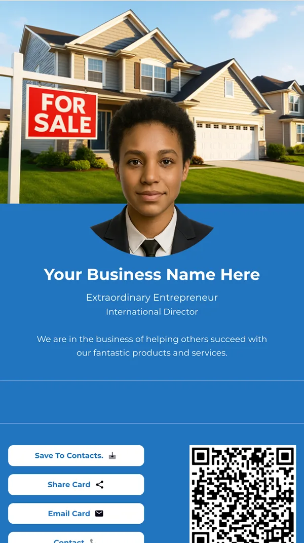 Top-selling realtor standing proudly in front of a sold property, using GoFast digital business cards to grow client relationships and close more deals
