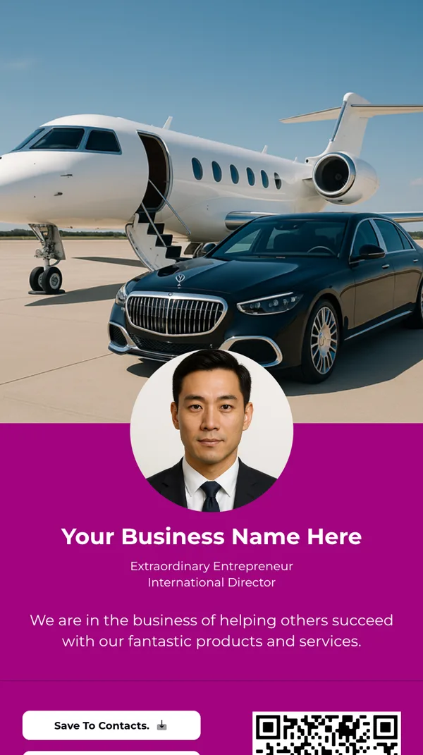Successful entrepreneur standing in front of a luxury Maybach car and private executive jet, symbolizing success and high-level networking with GoFast digital business cards