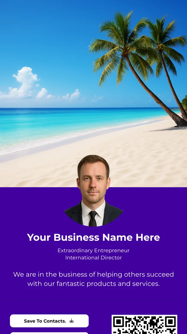 Beautiful tropical beach scene with crystal-clear water and palm trees, representing freedom and connection with GoFast digital business cards