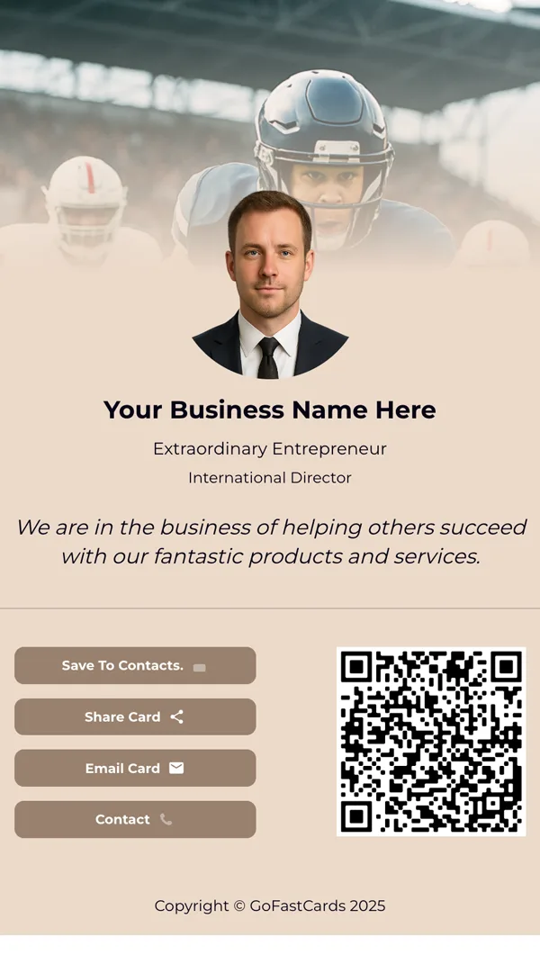 American football player in action on the field, using GoFast digital business cards to grow professional and personal connections