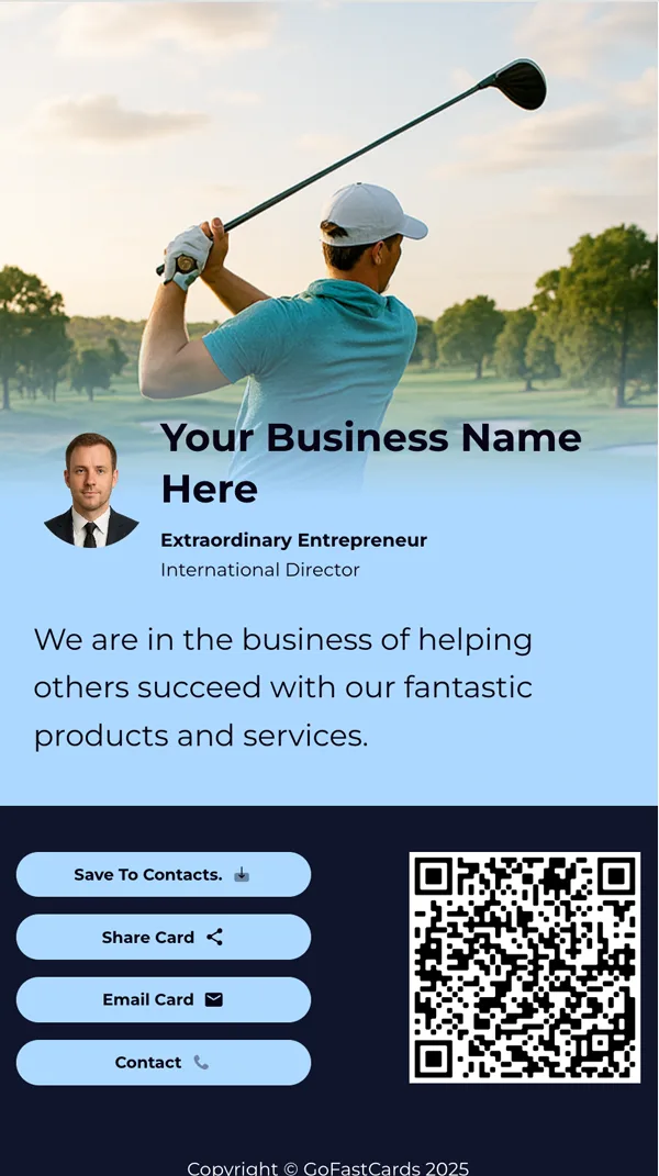 Aspiring golf professional teeing off on a championship course, using GoFast digital business cards to grow career opportunities