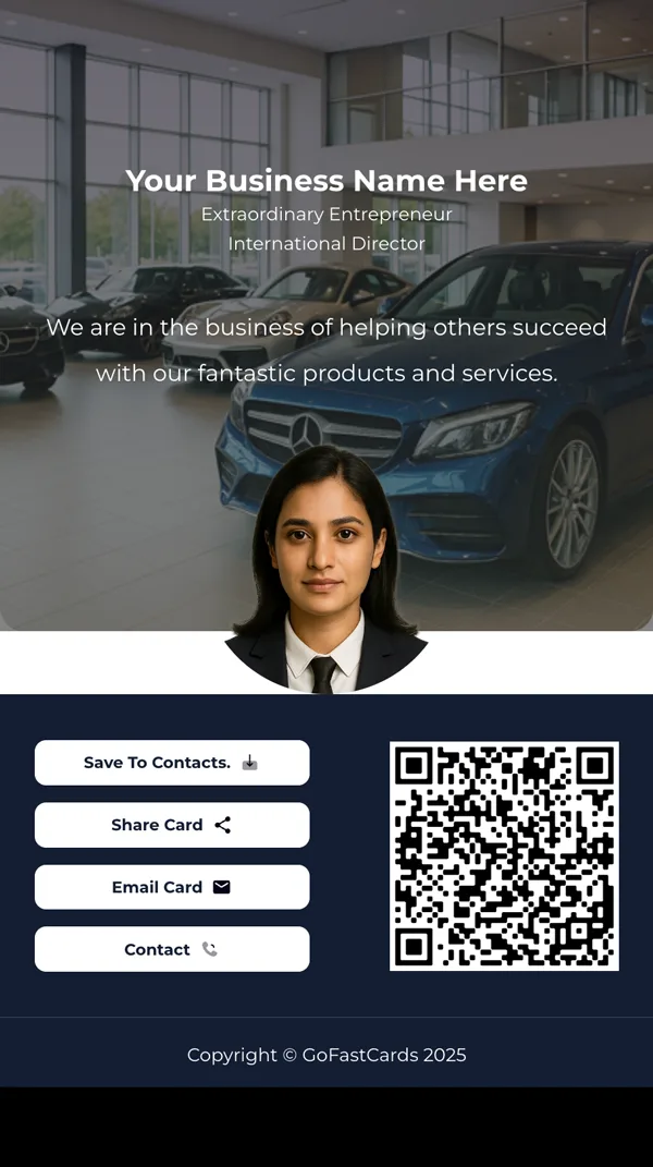 Indian woman car dealer showcasing a new vehicle to customers, using GoFast digital business cards to drive sales and build client relationships