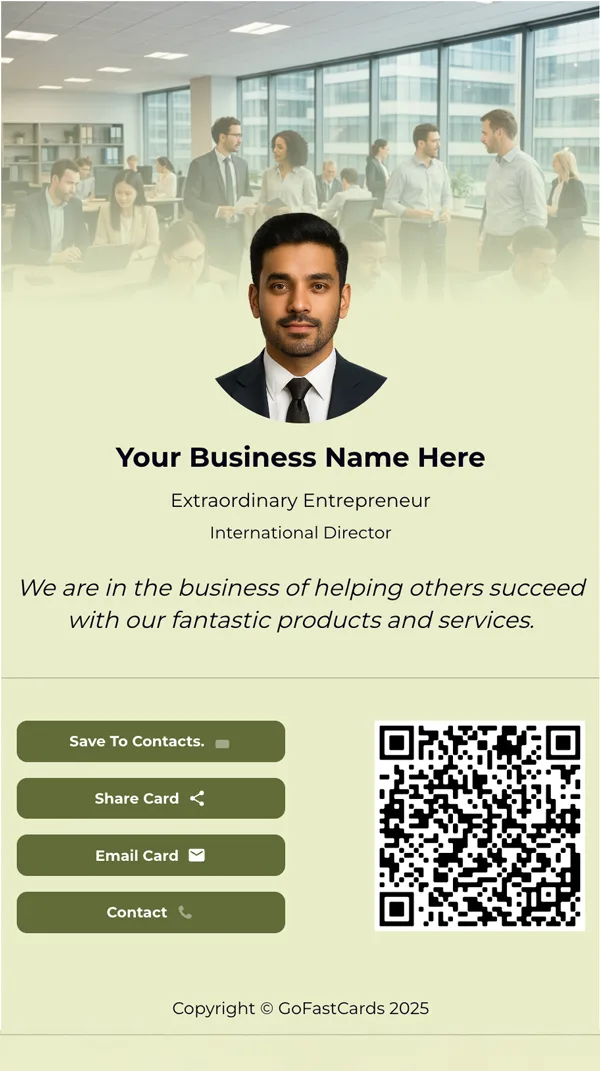 Indian office manager coordinating team operations, using GoFast digital business cards to enhance professional networking