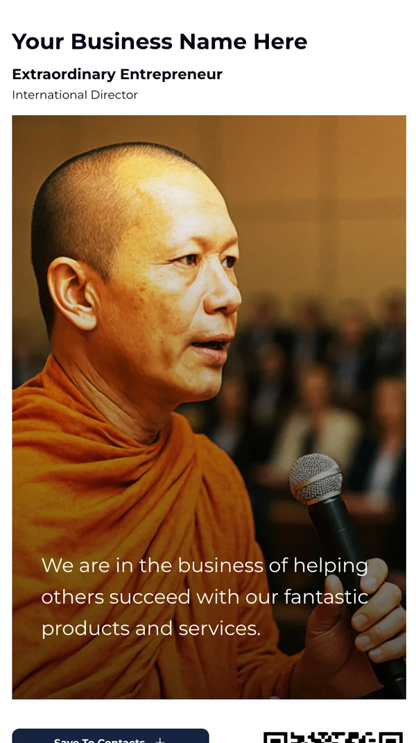 Thai Buddhist monk delivering a wisdom-filled lecture to an audience, using GoFast digital business cards to share teachings