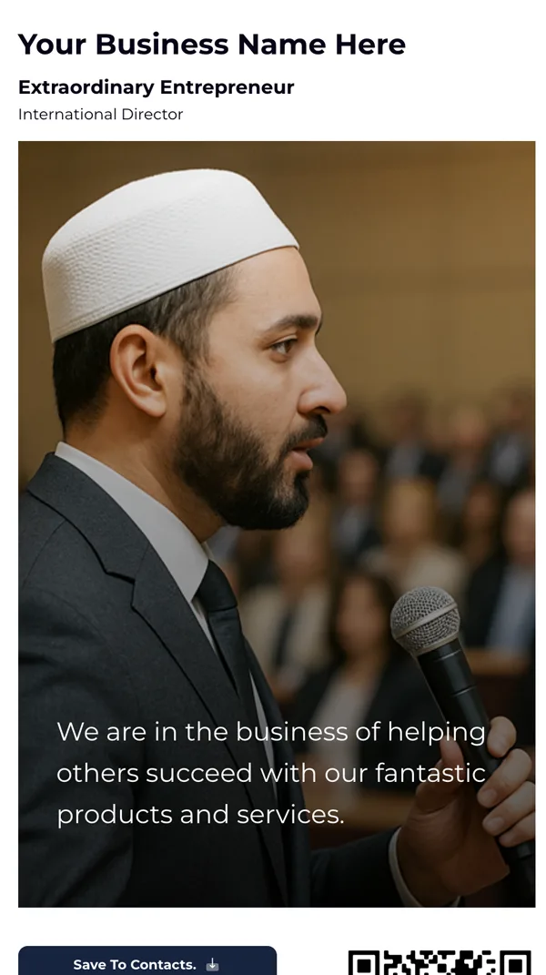 Muslim keynote speaker addressing a large audience using GoFast digital business cards for professional networking