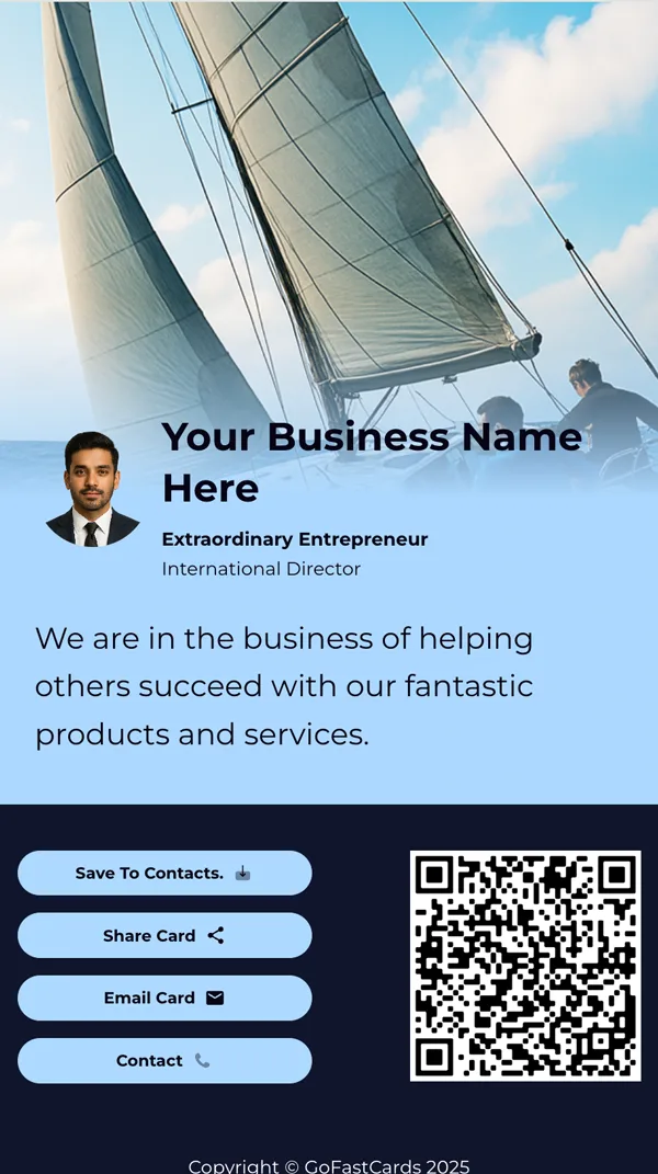 Thrilling racing sailboat adventure at sea, capturing excitement and connection through GoFast digital business cards